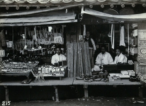 Two shops or market stalls, in Korea.