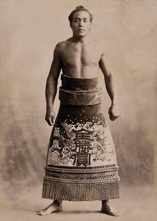 A young sumo wrestler posing in a photographic studio, wearing a richly decorated apron, in front of a plain backdrop.