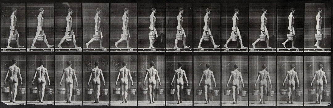 A man bearing two buckets. Photogravure after Eadweard Muybridge, 1887.