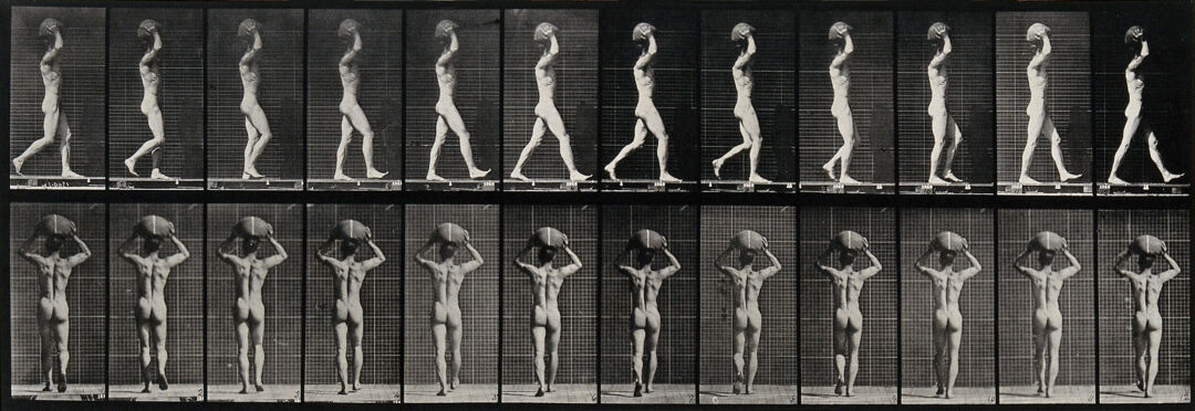 A man bearing a load on his head. Photogravure after Eadweard Muybridge, 1887.