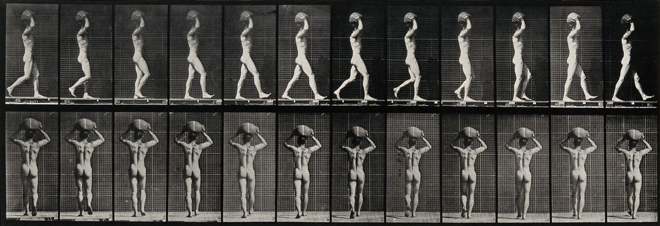 A man bearing a load on his head. Photogravure after Eadweard Muybridge, 1887.