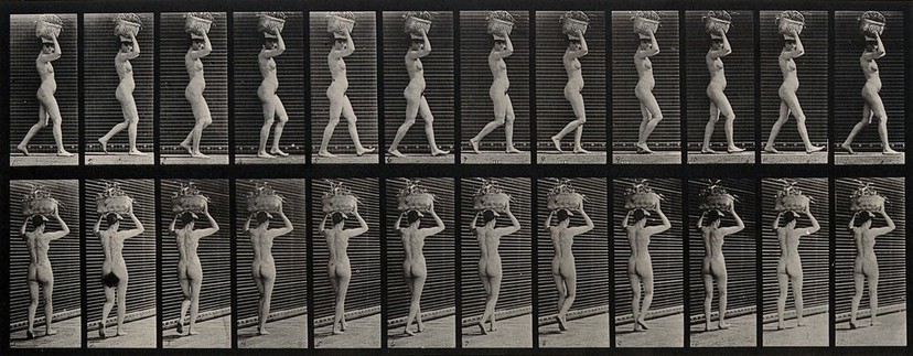 A woman carrying a load on her head. Photogravure after Eadweard Muybridge, 1887.