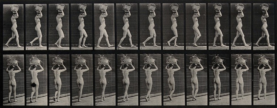 A woman carrying a load on her head. Photogravure after Eadweard Muybridge, 1887.