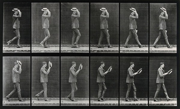 A man taking off his hat. Collotype after Eadweard Muybridge, 1887.