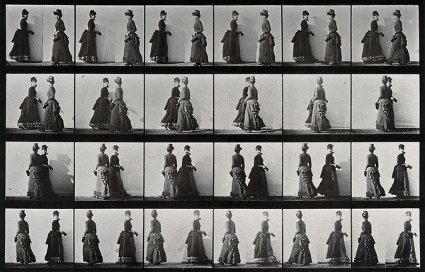 Two women meeting and passing each other. Collotype after Eadweard Muybridge, 1887.