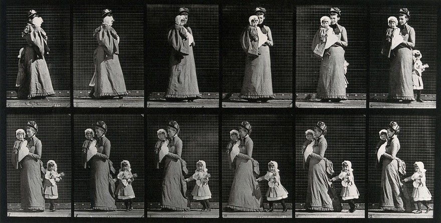 A woman with two children. Collotype after Eadweard Muybridge, 1887.
