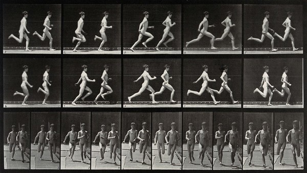 Two adolescents are running. Collotype after Eadweard Muybridge, 1887.