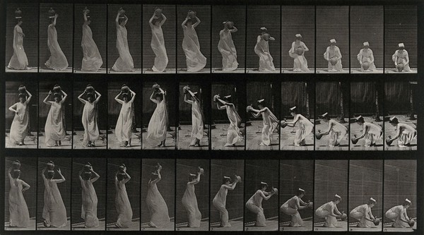 A woman taking a pot from her head and putting on ground. Collotype after Eadweard Muybridge, 1887.