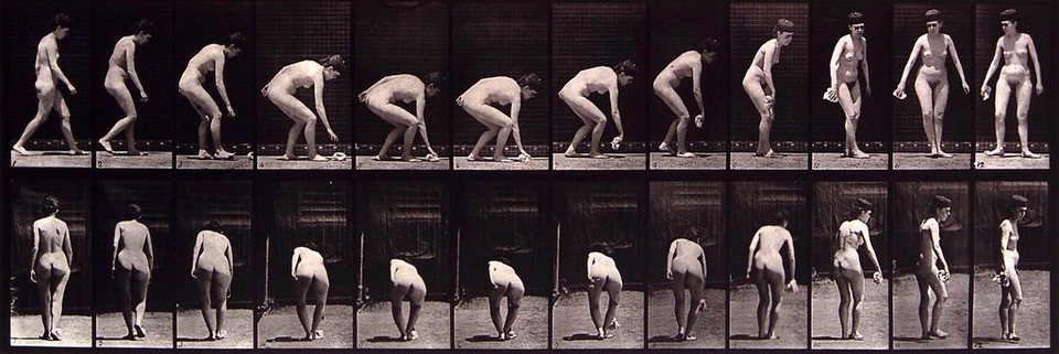 A woman picking up a piece of cloth. Photogravure after Eadweard Muybridge, 1887.