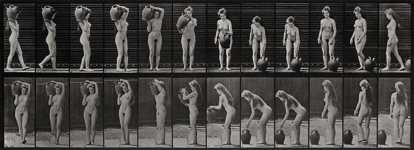 A woman putting a barrel on her shoulder. Photogravure after Eadweard Muybridge, 1887.