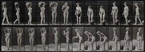 view A woman putting a barrel on her shoulder. Photogravure after Eadweard Muybridge, 1887.