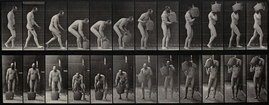 A man putting a barrel on his shoulder. Photogravure after Eadweard Muybridge, 1887.