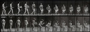 view A woman sitting down on a chair and fanning herself. Photogravure after Eadweard Muybridge, 1887.