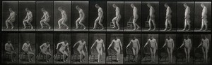 view A man rising from a chair. Photogravure after Eadweard Muybridge, 1887.