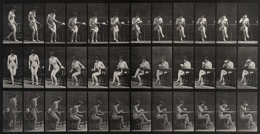 A woman sitting down on a chair and drinking out of a cup. Collotype after Eadweard Muybridge, 1887.