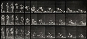 view A woman lying down, showing from a three different angles. Photogravure after Eadweard Muybridge, 1887.