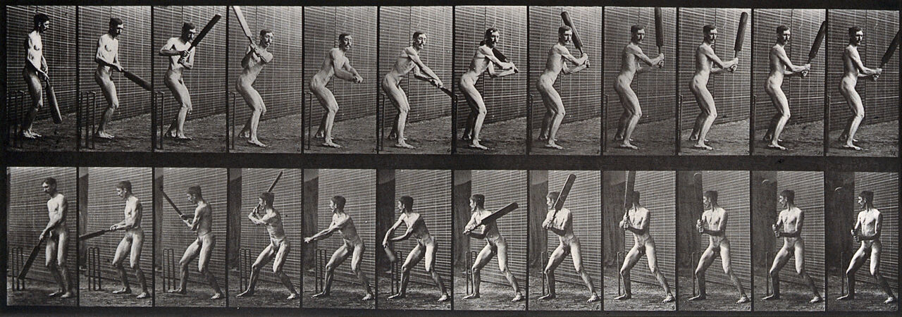 A man batting. Photogravure after Eadweard Muybridge, 1887., by Eadweard Muybridge