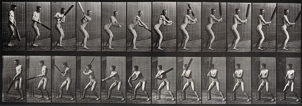 A man batting. Photogravure after Eadweard Muybridge, 1887.