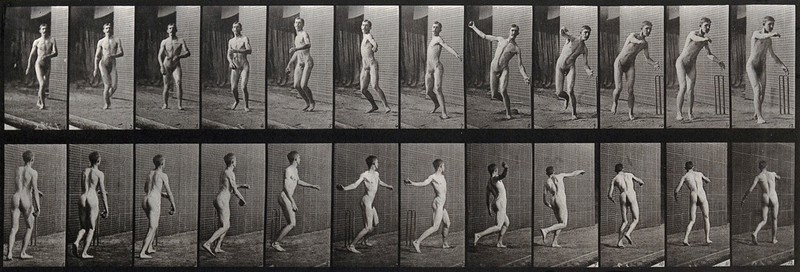 A man bowling. Photogravure after Eadweard Muybridge, 1887., by Eadweard Muybridge