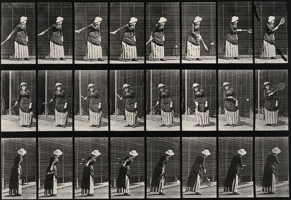 A woman hitting a tennis ball. Collotype after Eadweard Muybridge, 1887.