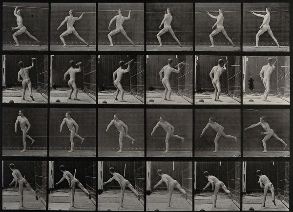 A javelin thrower. Collotype after Eadweard Muybridge, 1887.