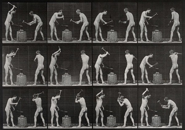 Two blacksmiths. Collotype after Eadweard Muybridge, 1887.