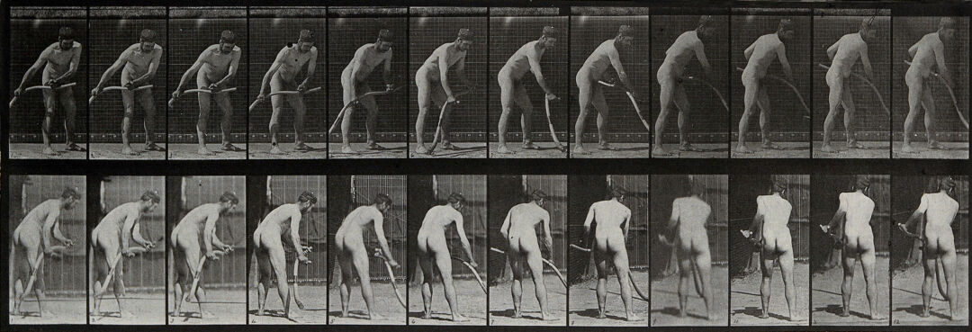 A man scything. Photogravure after Eadweard Muybridge, 1887.