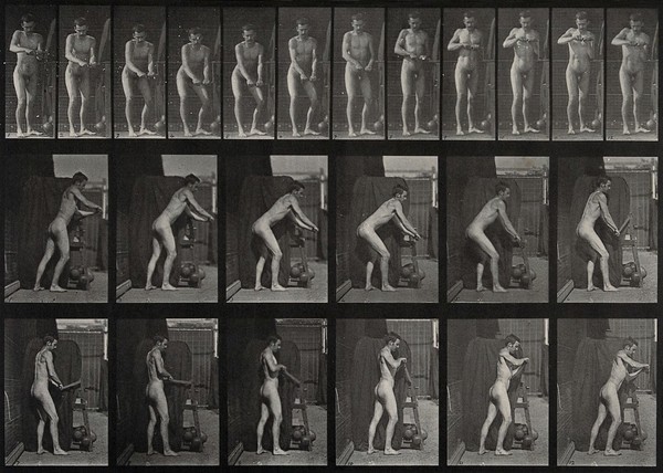 A man turning a handle. Collotype after Eadweard Muybridge, 1887.