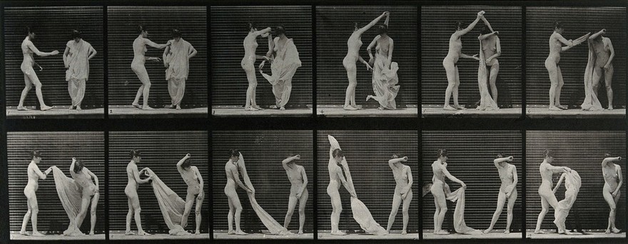 A woman undressing another woman. Collotype after Eadweard Muybridge, 1887.