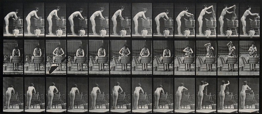 A woman washing . Photogravure after Eadweard Muybridge, 1887.