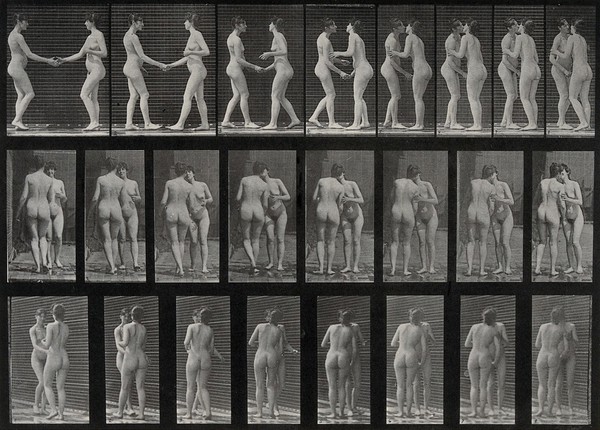 Two women kissing. Collotype after Eadweard Muybridge, 1887.