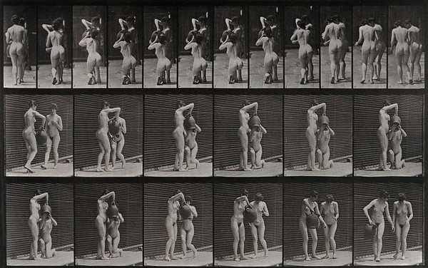 A woman drinking water from a big jug held by another woman. Collotype after Eadweard Muybridge, 1887.