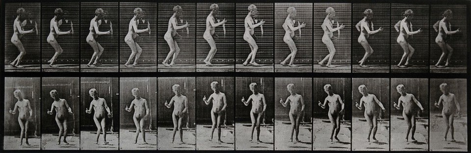 A disabled person walking. Photogravure after Eadweard Muybridge, 1887.