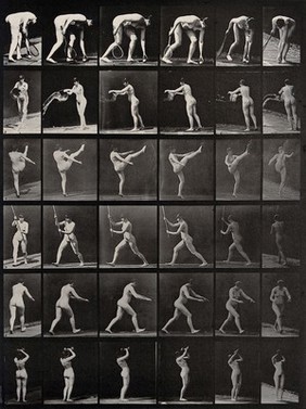 A woman picking a tennis ball, emptying a bucket of water, kicking, holding a pole, walking and lifting a pair of dumb-bells. Collotype after Eadweard Muybridge, 1887.