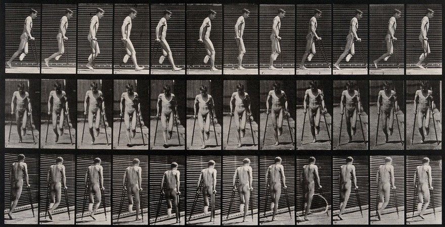 An amputee on crutches. Collotype after Eadweard Muybridge, 1887.