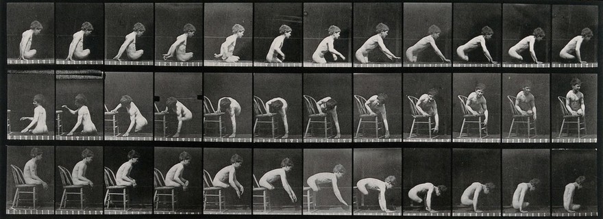 A double amputee climbing on to a chair, descending from a chair and moving. Collotype after Eadweard Muybridge, 1887.