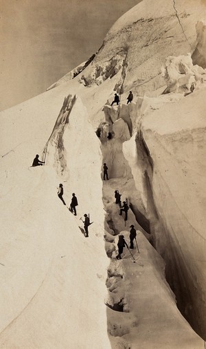 view Mont Blanc, Switzerland: mountaineers making an ascent. Photograph by the Bisson Frères, ca. 1860.