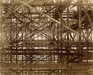 view The Crystal Palace during its re-erection at Sydenham, London: metal girders. Photograph by Philip Delamotte, ca. 1854.