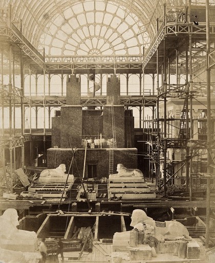 The Crystal Palace during its re-erection at Sydenham, London: sphinxes in the unfinished interior. Photograph by Philip Delamotte, ca. 1854.