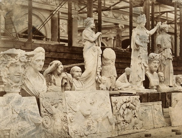 The Crystal Palace during its re-erection at Sydenham, London: statues and bas-reliefs awaiting positioning in the unfinished interior. Photograph by Philip Delamotte, ca. 1854.