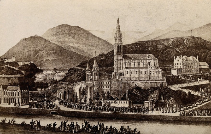 Lourdes, France: a procession around the Cathedral. Photograph, ca. 1900, of an engraving, ca.1860 (?).