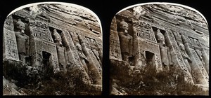 view Nubia, Egypt: the smaller rock temple of Abou Simbel; facade covered in hieroglyphics; stereoscopic views. Photograph by Francis Frith, 1856/1859.