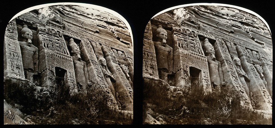Nubia, Egypt: the smaller rock temple of Abou Simbel; facade covered in hieroglyphics; stereoscopic views. Photograph by Francis Frith, 1856/1859.