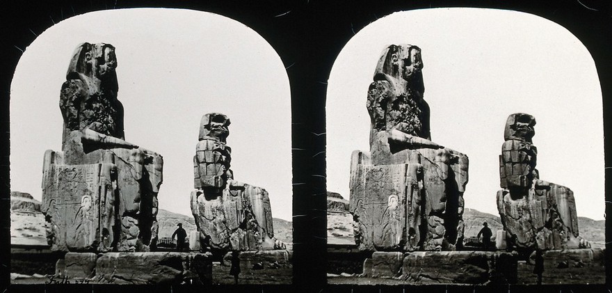 The Colossi of Memnon, Thebes, Egypt: the statues with small human figures at the base; stereoscopic views. Photograph by Francis Frith, 1856/1859.