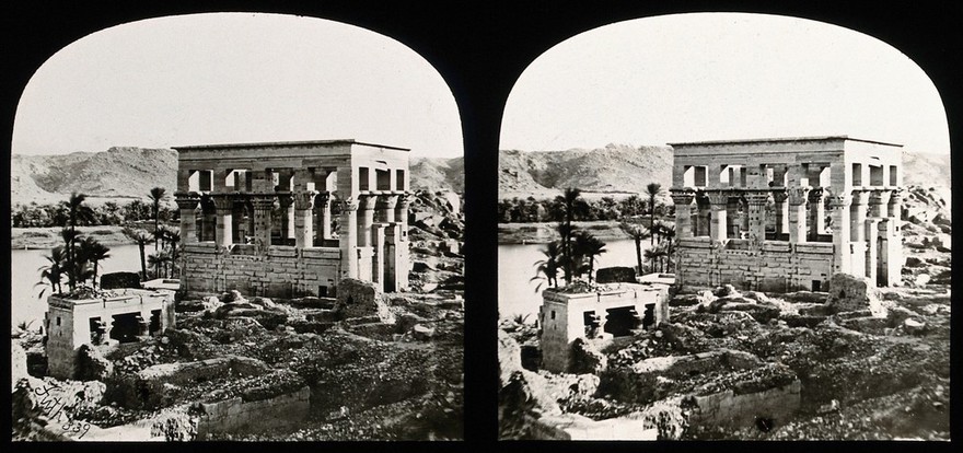 The Hypaethral Temple (called the "Pharoah's bed"), Philae, Egypt; stereoscopic views. Photograph by Francis Frith, 1856/1859.