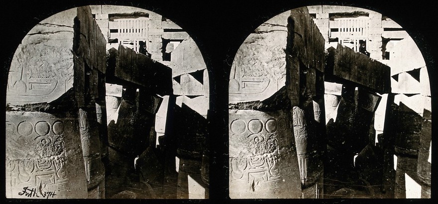 The Hall of Columns, Karnac, Egypt; showing hieroglyphic marks; stereoscopic views. Photograph by Francis Frith, 1856/1859.