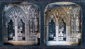 view The Crystal Palace, London: entrance to the English Medieval Court showing part of the doorway from Tintern Abbey and statues from Wells Cathedral. Photograph, 1851/1862.