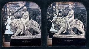 view The Crystal Palace, London: sculptures by John Bell: Una and the Lion (foreground) and The Maid of Saragossa (background). Photograph, 1851/1862.