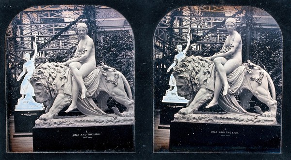 The Crystal Palace, London: sculptures by John Bell: Una and the Lion (foreground) and The Maid of Saragossa (background). Photograph, 1851/1862.