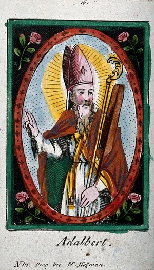 view Saint Adalbert of Prague. Coloured engraving.